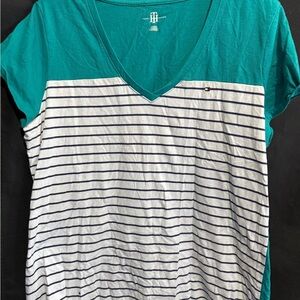 Tommy Hilfiger Teal and White V-Neck Striped Tee